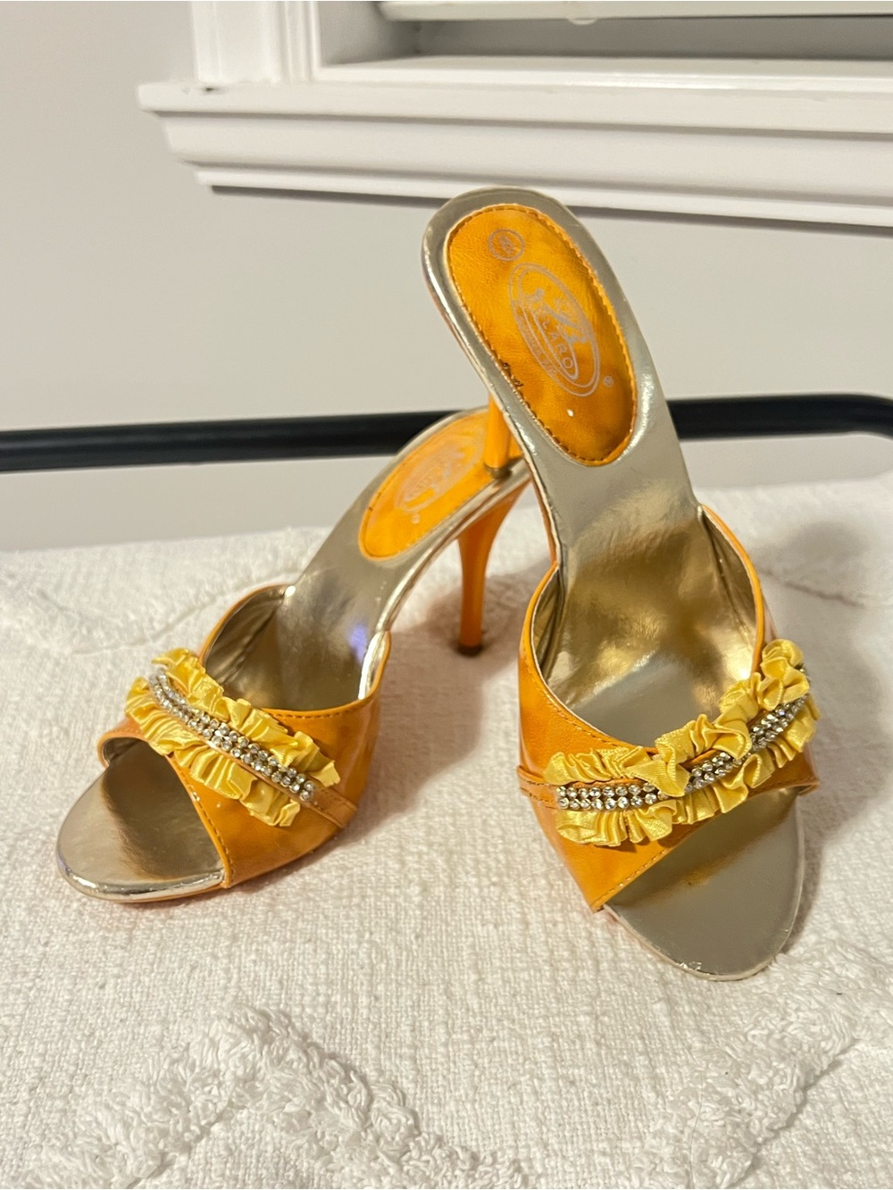 Bolaro by Summer Rio Ruffle & Rhinestone Open-Toe Mule Heels